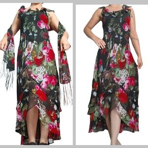 Vintage Floral Dress With Fringe Shawl Black Red Pink Medium
